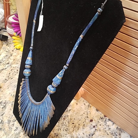 Boho Blue & gold tipped drop necklace GUC NWT - Picture 3 of 8